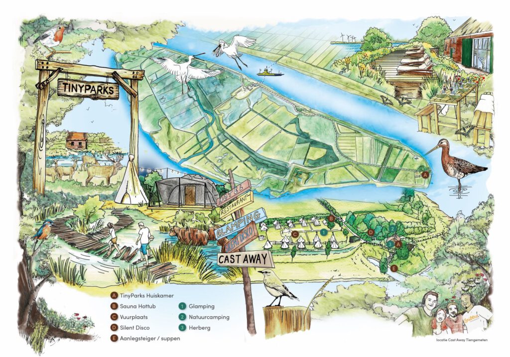 Vue aérienne de lîle de Tiengemeten faisant partie du plan pour Cast Away, dans le cadre du concept Tinyparks. Le plan est réalisé avec des traits dessinés à la main et coloré au crayon aquarelle. 
